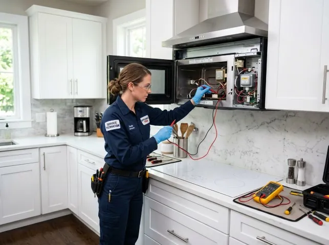Appliance Repair Hero technician testing an over-the-range microwave in a Alhambra, CA kitchen